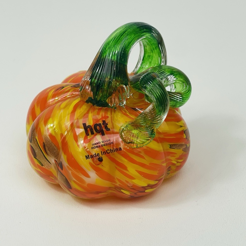 Hand Blown Art Glass Pumpkin Orange Yellow Green Curled Stem Fall Halloween